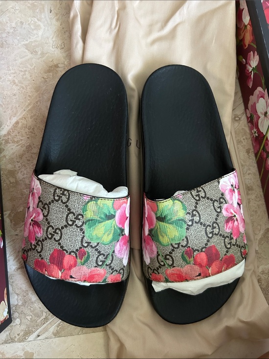 Gucci Shoes - Gucci Black Footbed Floral Monogram Slide Sandals